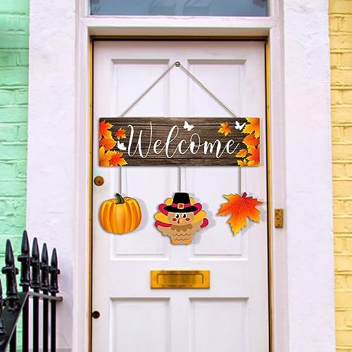 Thanksgiving Door Sign,Thanksgiving Turkey Hanger for Front Door,Fall Turkey Pumpkin Welcome Hanging Decorations, Thanksgiving Day Autumn Wooden Wreath Wood Plaque for Fall Harvest Party Decor - Image 5