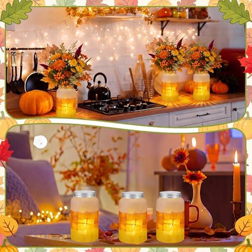 Qinyoung 12 Pcs Fall Crafts Candy Corn Mason Jar Crafts with LED Light - Image 6