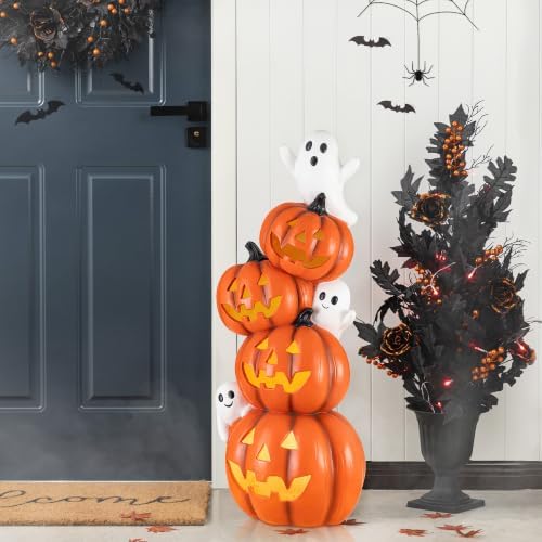 Glitzhome 33.25"H Halloween Lighted Stacked Jack-O-Lantern Porch Decor,MGO Pumpkin Ghost Statue with Timer,Scary Halloween Decoration for Indoor Outdoor Front Door Party Yard - Image 7