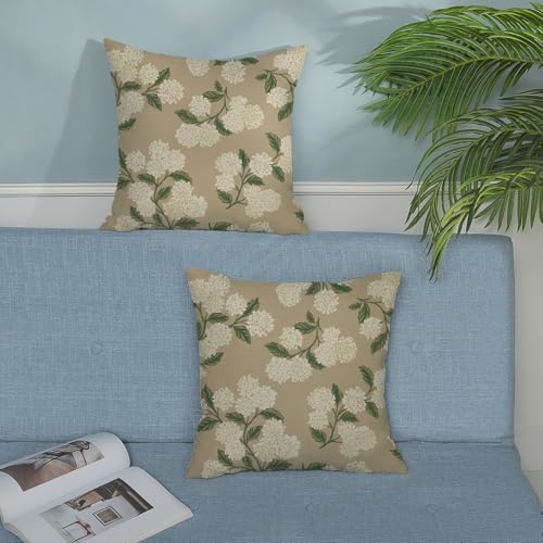 Beige Spring Pillow Covers 22x22 Inch 2 Pcs Khaki Green Hydrangea Flower Decor Throw Pillows Vintage Floral Seasonal Summer Outdoor Decoration Pillowcase Linen Cushion Cover for Couch Sofa - Image 3