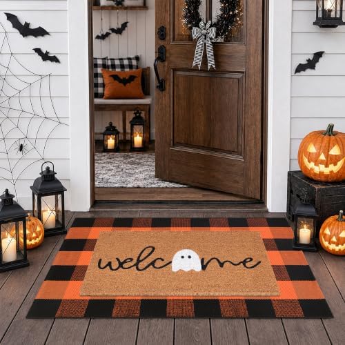 Halloween Decor Doormat Combo Set, Welcome Ghost Coco Coir Welcome Mat + 28" x 43" Orange and Black Plaid Rug, Autumn Halloween Front Porch Entryway Decor Floor Mat by Fallovea