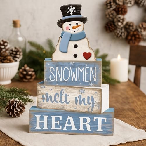 Moucuny 4 Pcs Snowman Block Signs Farmhouse Table Decoration Wood - Image 3