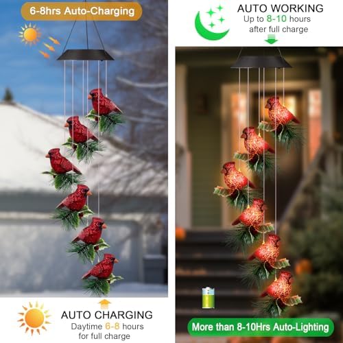 Cardinal Solar Wind Chimes for Outside,Red Bird Danglers Christmas Lights - Image 3