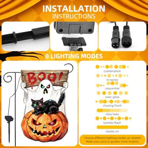 12x18 Inch Lighted Halloween Garden Flag, BOO Ghost Black Cat Pumpkin Yard Flag with Solar LED Lights, Double Sided Outdoor Halloween Decorations for Lawn Porch Garden - Image 3