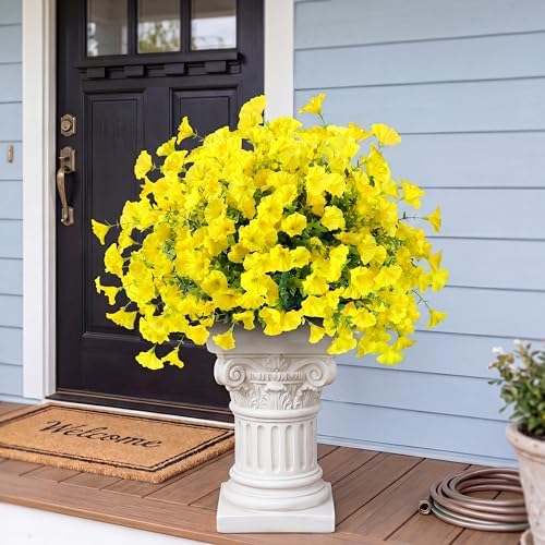Artificial Flowers for Outdoors 12 Bundles Realistic Faux Plants UV Resistant Fake Silk Morning Glory with Eucalyptus for Front Door Planter Patio Porch Outside Spring Summer Decoration (Yellow) by Sggvecsy