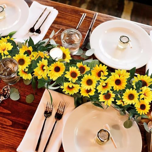 Uieke 12PCS Artificial Sunflower Garland, 7.5ft/Strand Silk Sunflowers Hanging Vines Flowers with Green Leaves for Room Kitchen Garden Birthday Wedding Baby Shower Party Table Decor Large - Image 5