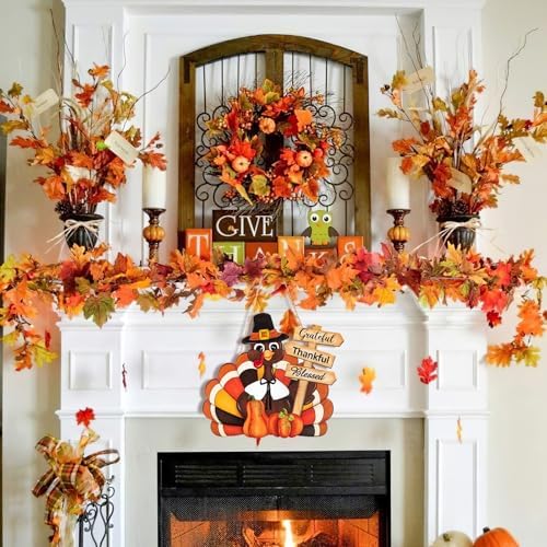 Thanksgiving Decoration Wooden Turkey Pumpkin Door Wreath for Front Door Sign Wall Signs, Thankful Blessed Grateful Pumpkin Sign Hanging for Fall Autumn Harvest Home Halloween Decoration - Image 5