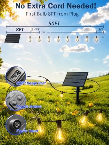 50FT Solar String Lights Outdoor, Dimmable Patio Lights Solar Powered with Remote & USB Port 18+1 LED Shatterproof Bulbs 3 Light Modes, Waterproof Solar Light for Camping Backyard Garden - Image 6