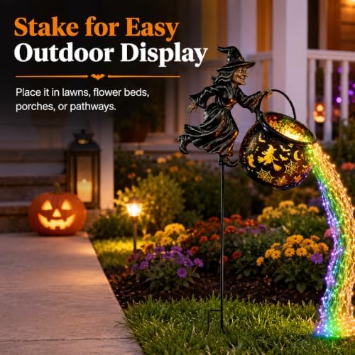 Halloween Witch Cauldron Garden Light, Outdoor Halloween Lights with Cascading Multicolor LED Waterfall and Pattern Projection, Garden Stake Decoration for Yard, Lawn, Porch and Pathway - Image 6