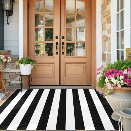 KIMODE Black and White Buffalo Plaid Outdoor Rug Fall Patio Floor Carpet by Collive