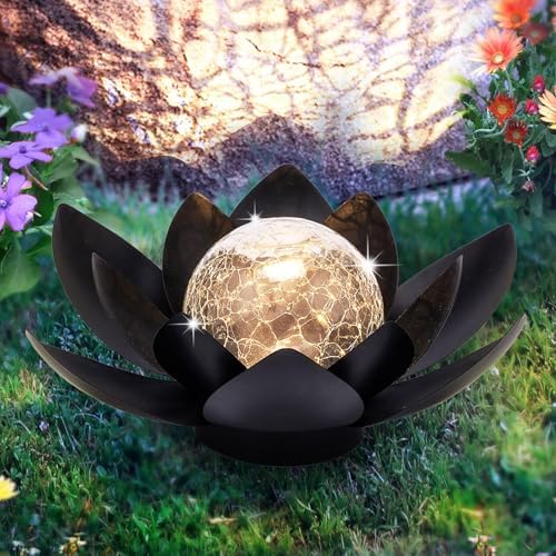 Huaxu Solar Lights Outdoor Garden Decor Metal Black Lotus Decoration, Crackle Globe Glass Waterproof LED Outside Table Lamp for Patio,Lawn, Yard,Walkway,Tabletop,Ground Gifts for Mom by Huaxu