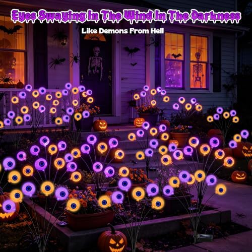 Halloween Decorations Outdoor, 6 Pack 36 LED Purple and Orange Solar Scary Eyeball Swaying Lights, Solar Firefly Light Waterproof Outdoor Lights for Halloween Yard Garden Party - Image 7