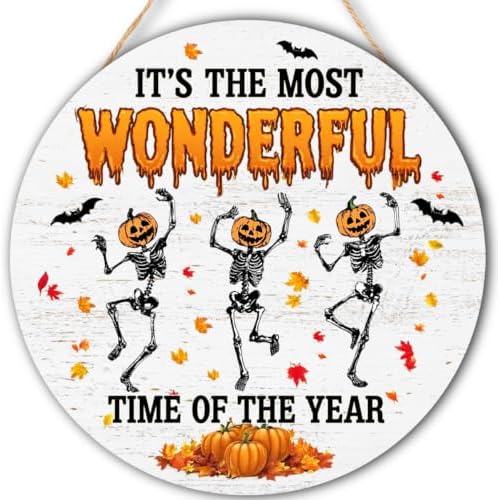 Halloween Decorations Wooden Sign for Home, Spooky Skeleton Pumpkin Sign by FDLLAUS