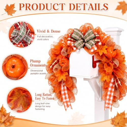 OBUSATT 35.4in Fall Mailbox Swag Wreath with Pumpkin Leaves Outdoor Decor - Image 3