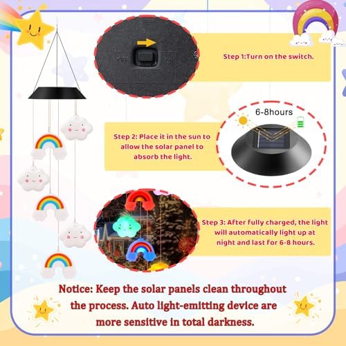 GlikCeil Rainbows Solar Wind Chimes 27.5inch Outside Waterproof Hanging LED for Yard, Pajama Party, Color Changing Lights(Clouds, Rainbows) - Image 3