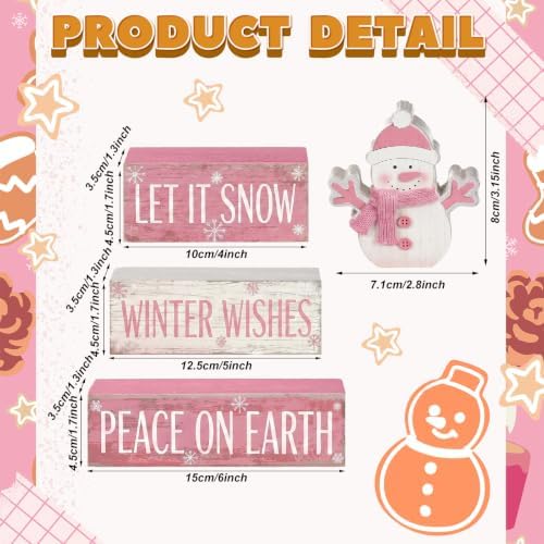 Colingmill 4 Pcs Pink Snowman Christmas Table Decor Winter Wooden Snowman - Image 3