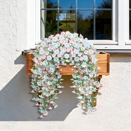 Artificial Hanging Flowers for Outdoors, 2 PCS 300 Blooms UV Resistant Morning Glory Faux Silk Vines, No-Odor Realistic Fake Plants for Garden Planter Porch Patio Decoration, Blue & White - Image 6