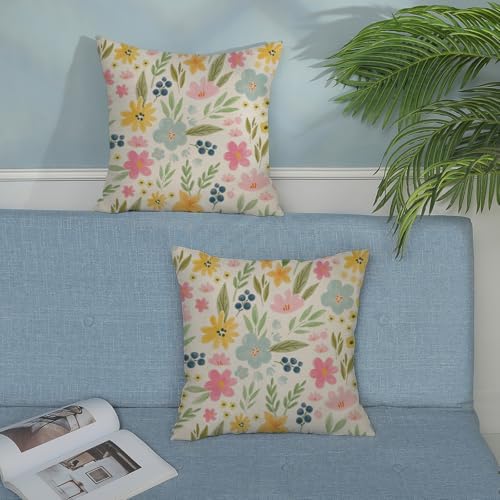 Outdoor Pillow Covers 16x16 Inch 2 Pcs Watercolor Pink Green Flower Spring Decor Throw Pillows Vintage Floral Summer Outdoor Seasonal Decoration Pillowcase Linen Cushion Cover for Couch Sofa - Image 3