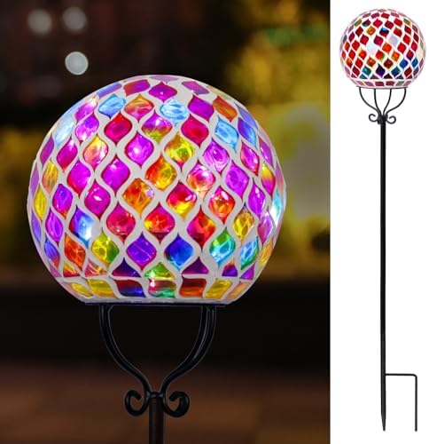 VCUTEKA Decorative Solar Garden Lights, 6" Mosaic Globe Outdoor Stake by VCUTEKA