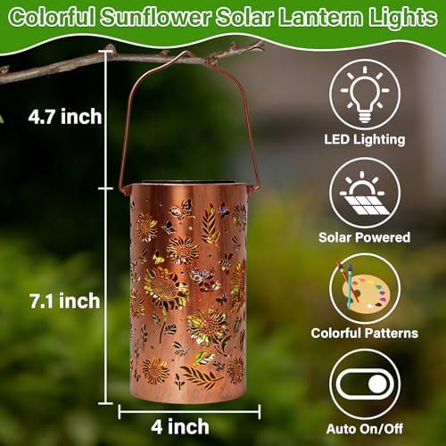 Colorful Solar Lanterns Outdoor Waterproof, Garden Decor Gifts for Women Mom Grandma - LED Colorful Sunflower Solar Powered Lights Metal Hanging Lantern for Outside Garden Patio Yard Lawn Porch Decor - Image 4