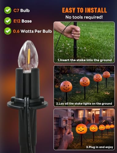 C7 Halloween Pumpkin Pathway Stake Lights, 7 Ft Halloween Pathway String Lights with 4 C7 Bulbs, Stake, Halloweens Decorations Driveway Markers Lights for Outdoor Holiday Garden Walkway Party Lighting - Image 7