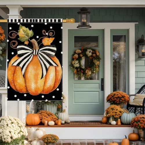 Fall Garden Flag Polka Dots Bowknot Pumpkin Garden Flags For Outside Burlap Decor, Thanksgiving 28X40 Inch Double Sided Vertical Autumn Decor Patio Lawn Yard Outdoor Decoration - Image 4