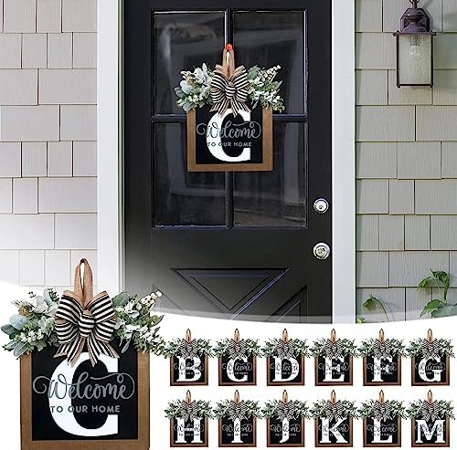 Last Name All Year Round Front Door Wreath with 26 Initial Letter Welcome Sign All Seasons Eucalyptus Garland and Bow ，Farmhouse, Porch, for Spring Summer Fall All Seasons Holiday Halloween Christmas.（C） - Image 4