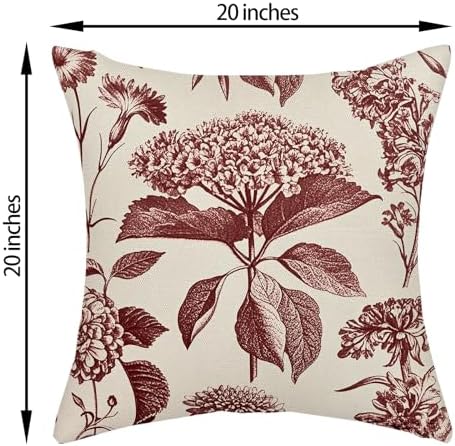 Burgundy Red Pillow Covers 20x20 Inch 2 Pcs Boho Vintage Floral Decor Throw Pillows Hydrangea Flower Seasonal Outdoor Farmhouse Neutral Accent Decoration Pillowcase Linen Cushion Cover for Sofa - Image 6