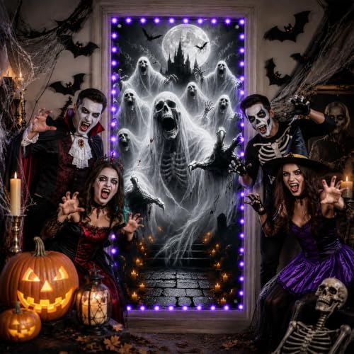 Halloween Door Decorations with Lights, 71"x35" Scary Door Cover Banner - Image 2