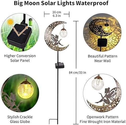 Solar Garden Lights Outdoor Decor,Moon Fairy Crackle Glass Lights,Waterproof Warm White LED Metal Stake Ornament,for Walkway Backyard Patio Lawn Pathway Decorations-Unique Gift Ideas for Gardening - Image 3