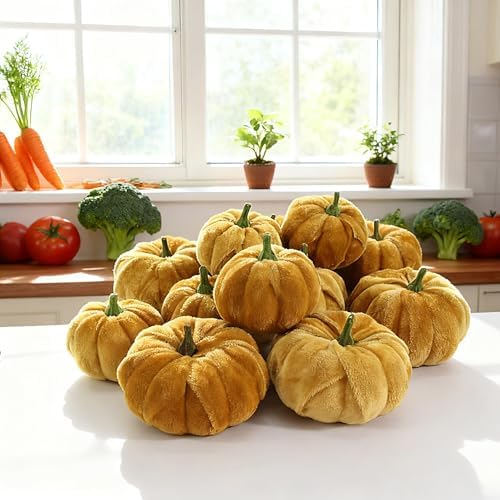 Fall Decor-Fall Decorations for Home 12pcs Halloween Artificial Pumpkins Fake Artificial Velvet Small Pumpkins for Harvest, Thanksgiving, Christmas Party Decoration (Gold) - Image 3