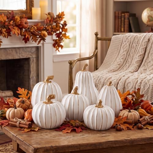 Thyle 6 Pcs Pumpkin Fall Decor, White Gold Pumpkin for Thanksgiving Decor - Image 5
