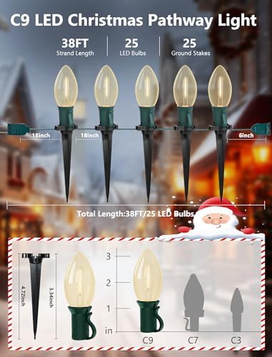 38FT LED Outdoor Christmas Pathway Lights,25 Warm White Extendable Waterproof Christmas Walkway Lights with C9 LED Bulbs and Stakes for Walkway Backyard Snowfield Xmas Decorations - Image 2