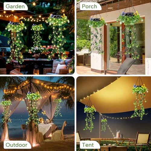 Solar Hanging Garden Lights, 2 Pack 66 LED Outdoor Lights with Realistic Milan Grass & White Flowers, IP65 Waterproof Solar Lanterns for Patio, Porch, Fence, Pergola & Backyard Decor, Auto On/Off - Image 6