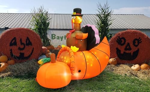 Inflatable Turkey Yard Decorations Thanksgiving Inflatables, 7FT Long Giant Blow up Turkey on Cornucopia with Built-in LED Rotating Lights, for Fall Lawn Party Holiday Decorations Outdoor - Image 3