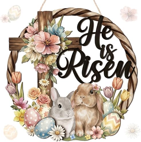 Yalikop He is Risen Easter Wreaths for Front Door Easter Bunny Decorations Wood Cross Sign Religious Ornaments Door Wall Hanging Crafts for Home Porch Window by Yalikop