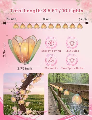 8.5FT Flower String Lights with 10 LED Fabric Blossoms, End-to-End Connectable Warm White 2700K Fairy Lights, Waterproof Shatterproof UL Listed for Indoor Outdoor Bedroom Patio Garden Wedding Decor - Image 3