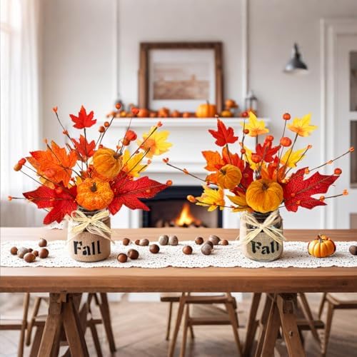 2 Pack Fall Decor 13.5 Inch Lighted Fall Trees Mason Jar with 20 LED Timer - Image 3