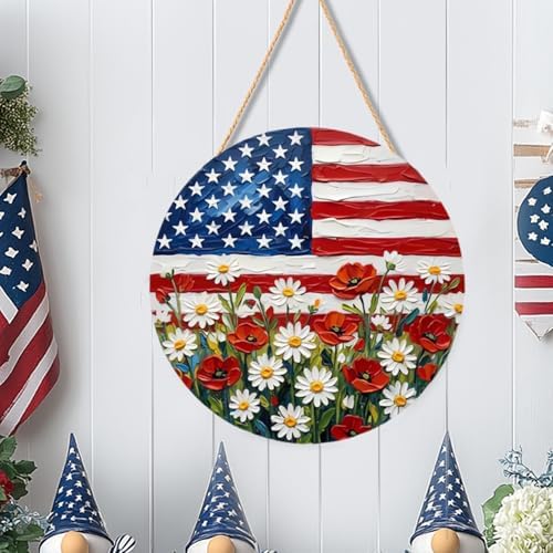 4th of July Patriotic American Flag Wooden Door Sign Round Hanging Wall Decor with Daisy Flowers Designs 2D Wood Independence Day Door Hanger Decoration for Home, Porch, Farmhouse - Image 4
