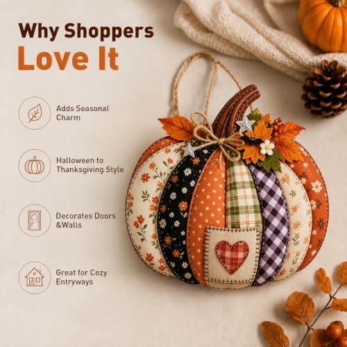 Autumn Retro Patchwork Pumpkin Door Hanging with Lights，D - Image 3