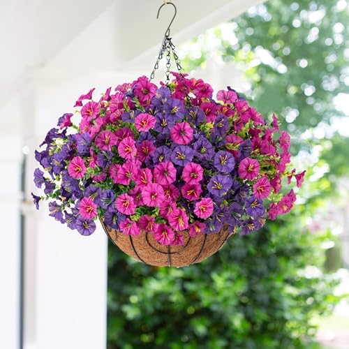 Artificial Faux Hanging Flowers Plants Basket for Spring Summer Outdoors Decoration, Silk Morning Glory with Eucalyptus Look Real UV Resistant Fake Flowers for Outside Porch Patio Balcony Home, Mix - Image 2