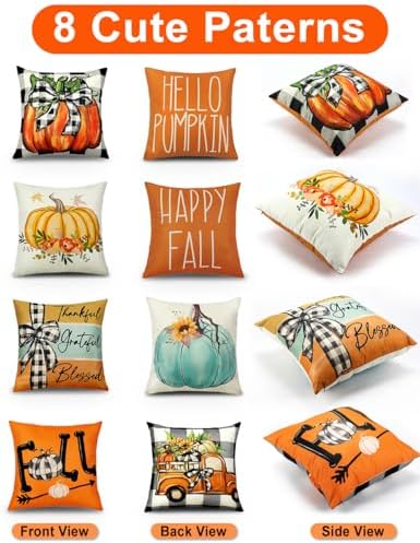 multiwins Fall Decorations Set of 4 Double-Sided Print Pillow Covers 16" x 16", with 8 Cute Fall Decor Patterns, Soft Linen Throw Pillow Covers for Outdoor & Indoor Use, Perfect for Thanksgiving - Image 3