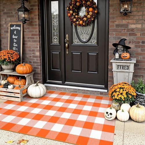 Uphome Bufflo Plaid Outdoor Rug 3'x5', Fall Decor Checkered Front Door Mat, Indoor Outdoor Farmhouse Porch Rug for Layered Door Mats, Washable Halloween White/Orange Area Rugs for Patio Entryway by Uphome