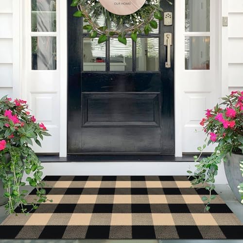 IOHOUZE 27.5x43 Buffalo Plaid Rug, Washable Outdoor Door Mat, Tan Black by iOhouze