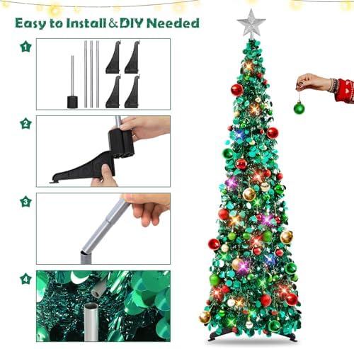 N&T NIETING Pop Up Christmas Tree with Lights & Ornaments,5FT, Peacock Blue - Image 4