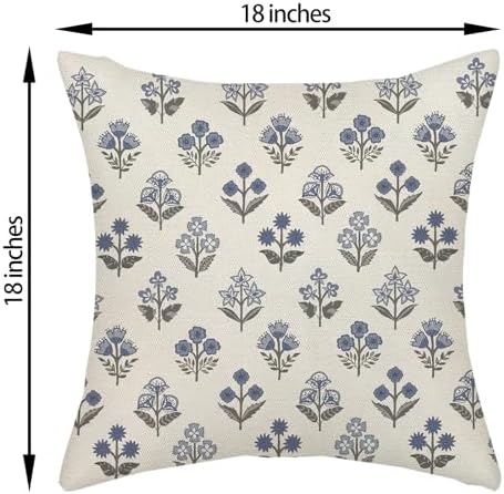 Blue Grey Pillow Covers 18x18 Inch 2 Pcs Gray Block Print Vintage Floral Decor Throw Pillows Boho Flower Spring Summer Outdoor Seasonal Decoration Pillowcase Linen Cushion Cover for Couch Sofa - Image 6