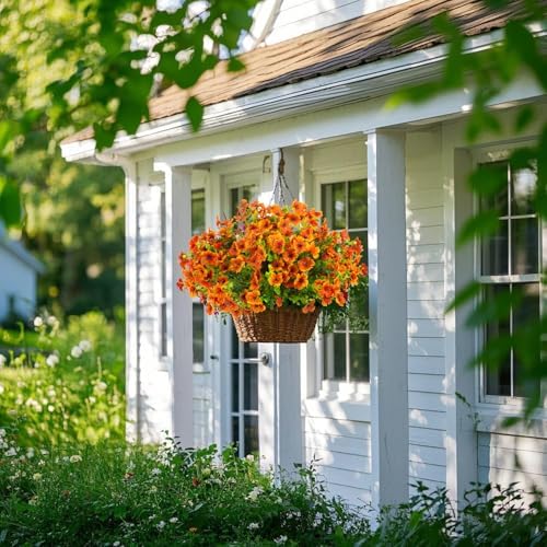 Grunyia Artificial Fake Flowers for Outdoor Spring Decoration, 16 Bundles Faux Silk Colorful Daisy UV Resistant Realistic for Outside Porch Patio Home Yard Garden Planters Pots Window Box (Orange) - Image 6