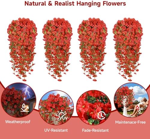 Artificial Hanging Flowers for Outdoors, 4 PCS 600 Blooms UV Resistant Morning Glory Faux Silk Vines, No-Odor Realistic Fake Plants for Garden Planter Porch Patio Decoration, Red - Image 2