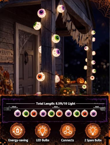 GOOTHY Halloween Eyeball String Lights 8.5Ft Halloween Decorative String Lights with 10 Incandescent Multicolor Eyeball Lights for Party, Christmas, Carnival, Celebration Indoor/Outdoor Decor - Image 2