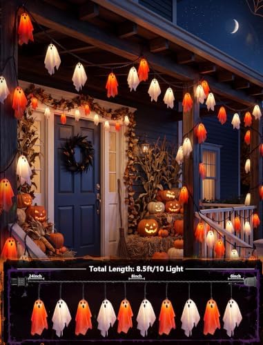 8.5FT 10 LED Halloween Orange and White Fabric Ghost String Lights Outdoor - Image 2